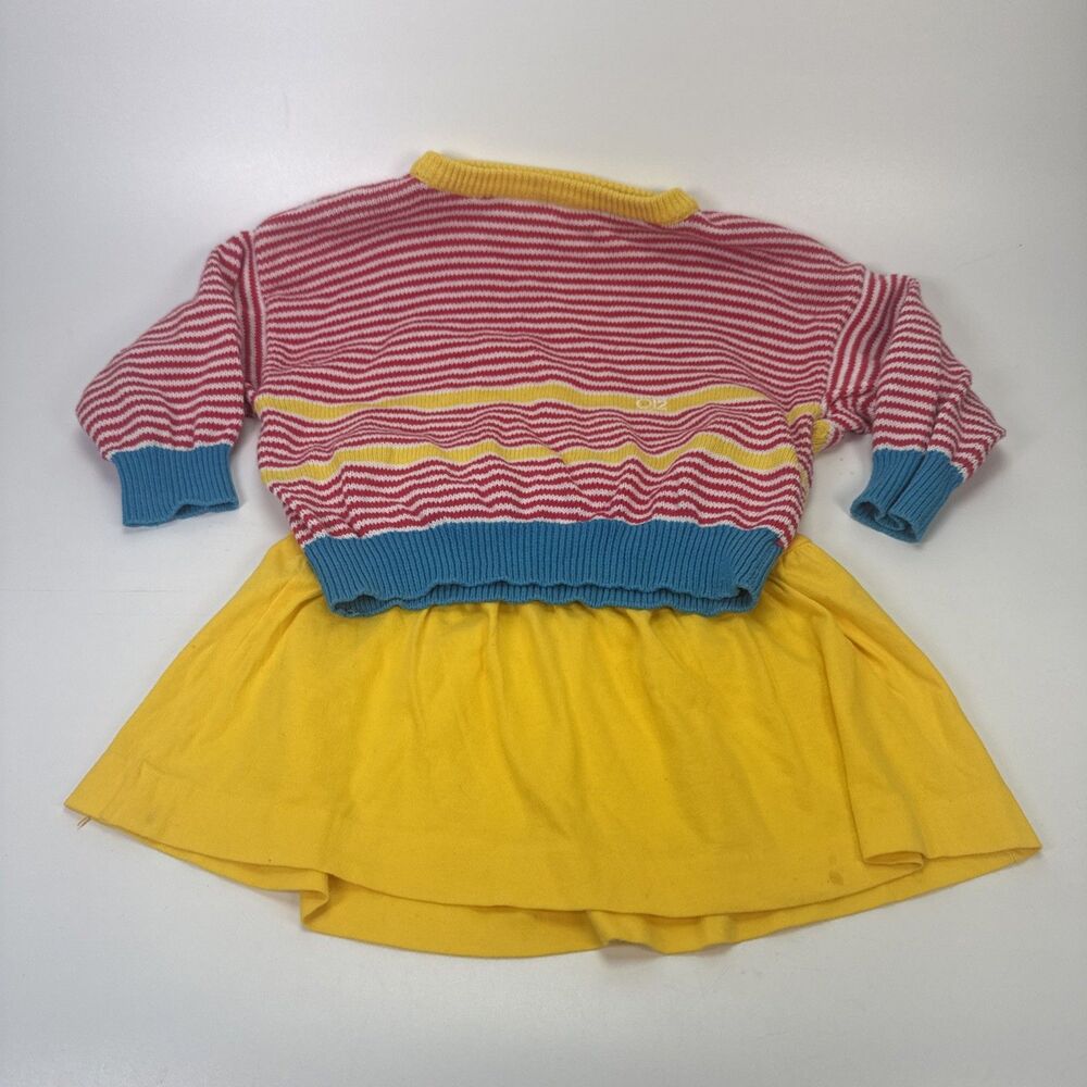 VTG 1980s Benetton O12 Sweater & Skirt Girls XS 3/4 Kids Italy Yellow Pink Blue